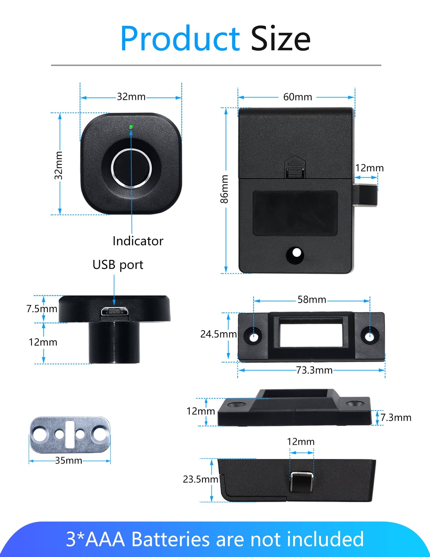 SUMNEW Bluetooth Fingerprint Cabinet Lock, Black, Biometric, 3 Ways To Unlock, USB Keys Unlock