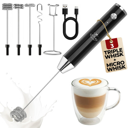 Zulay Kitchen Powerful Milk Frother Wand With 2 Duracell Batteries - Ultra Fast Handheld Drink Mixer - Electric Whisk Foam Maker for Coffee, Lattes, Cappuccino, Matcha, Hot Chocolate & Creamer - Black