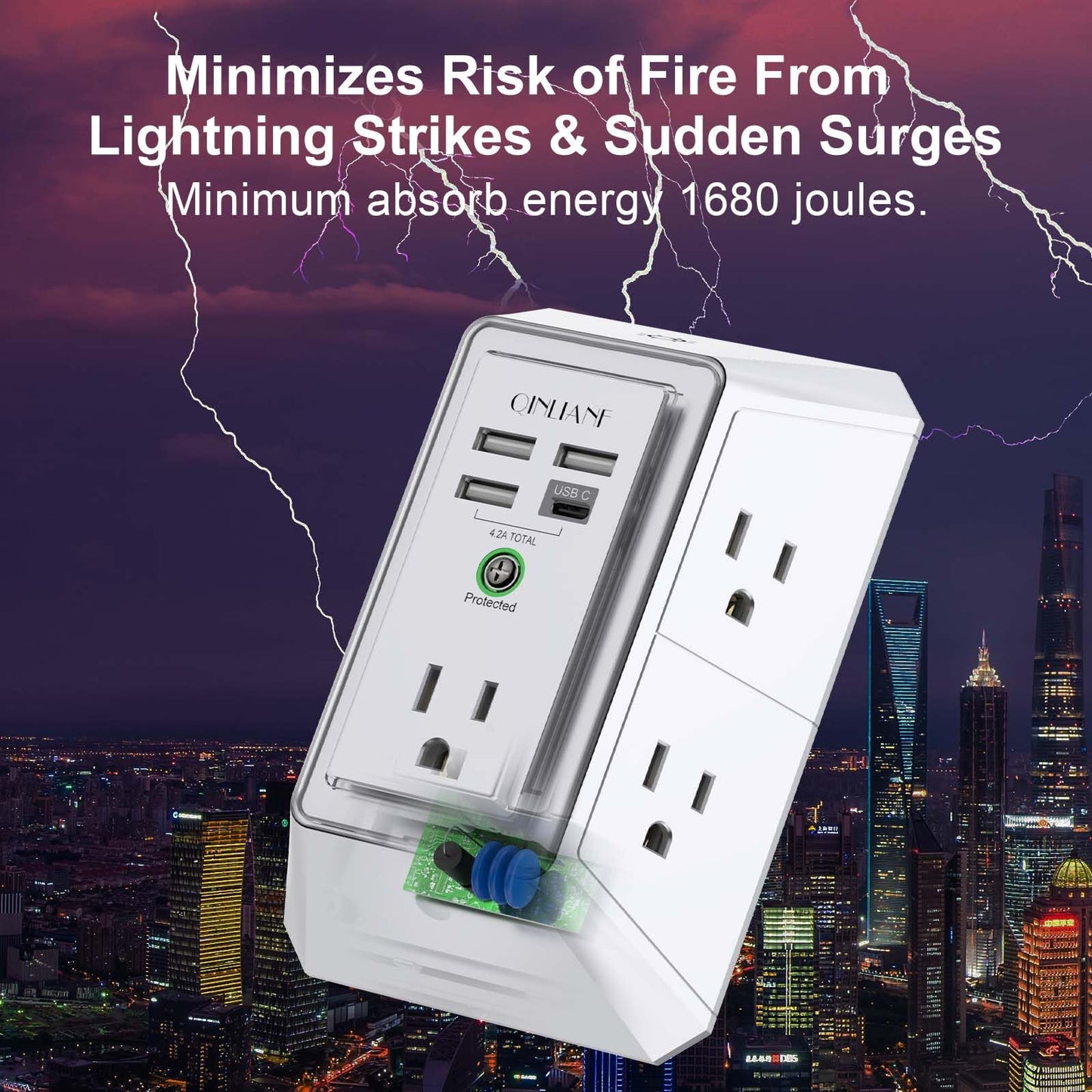 Wall Charger, Surge Protector, QINLIANF 5 Outlet Extender with 4 USB Charging Ports, 3-Sided 1680J Power Strip Multi Plug Adapter Spaced for Home Travel Office