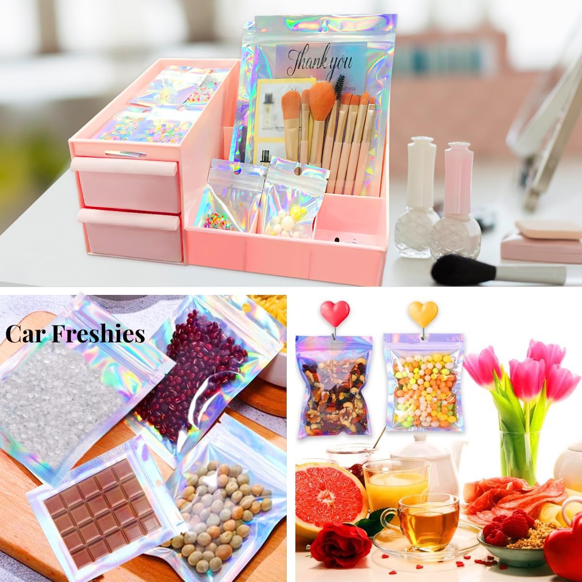 Smell Proof Bags & Resealable Foil Pouch Mylar Sample Bag Great for Party Favor Food Storage (Holographic Color) (50pcs-6x9 inch)