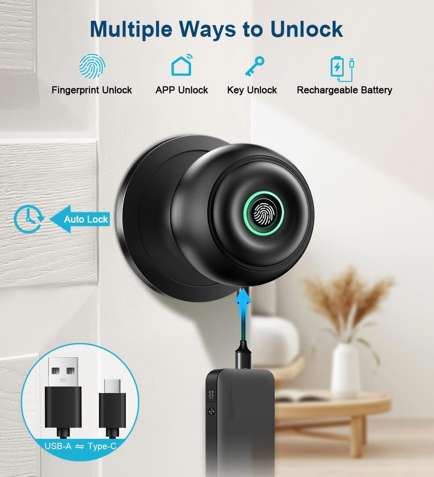 Fingerprint Door Lock, Smart Fingerprint Door Knob with Lock, Biometric Door Locks with App Control & Key, Keyless Thumbprint Entry Door Locks for Bedroom, Front Door, Home, Apartment-Silver