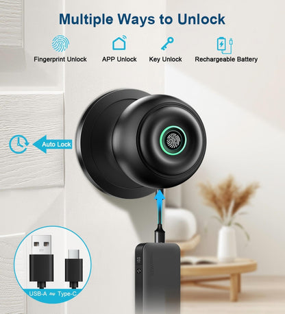 Fingerprint Door Lock, Smart Fingerprint Door Knob with Lock, Biometric Door Locks with App Control & Key, Keyless Thumbprint Entry Door Locks for Bedroom, Front Door, Home, Apartment-Silver
