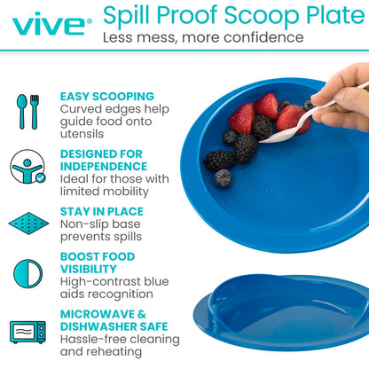 Vive Spill-Proof Scoop Plate, 9" (2 Pack) - Dish with Wall for Disabled, Handicapped, Elderly Adults with Special Needs from Parkinsons, Dementia, Stroke, Tremors with - Non Skid Padded Bottom