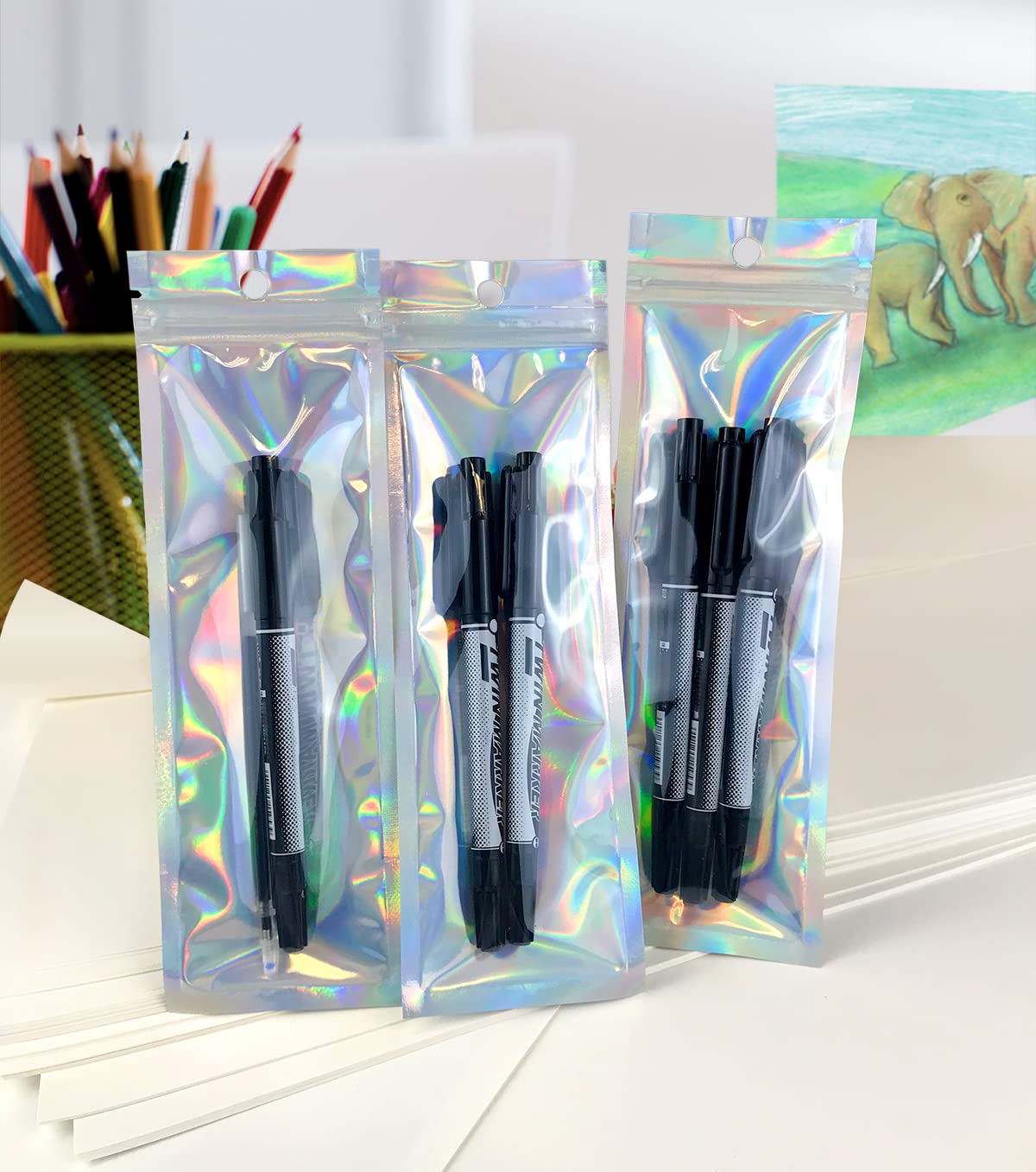 Smell Proof Bags & Resealable Foil Pouch Mylar Sample Bag Great for Party Favor Food Storage (Holographic Color) (50pcs-6x9 inch)