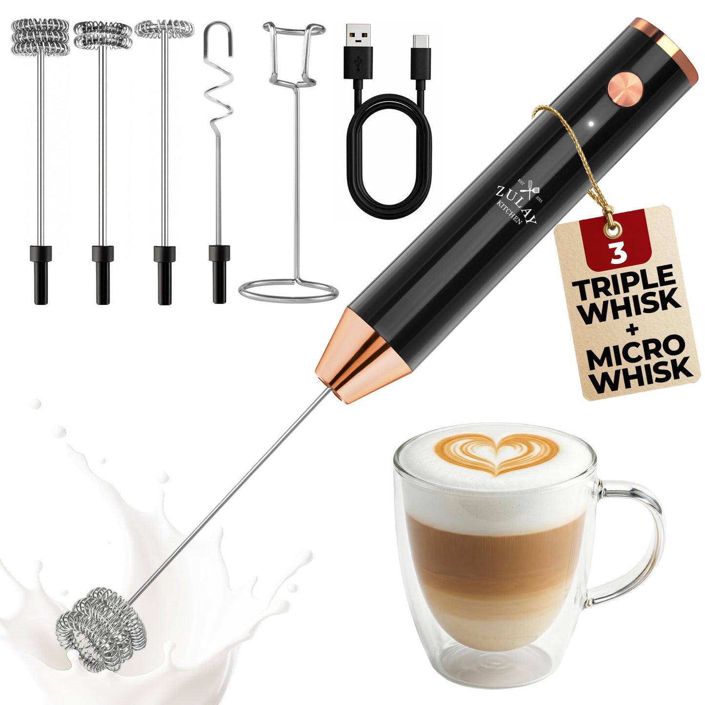 Zulay Kitchen Powerful Milk Frother Wand With 2 Duracell Batteries - Ultra Fast Handheld Drink Mixer - Electric Whisk Foam Maker for Coffee, Lattes, Cappuccino, Matcha, Hot Chocolate & Creamer - Black