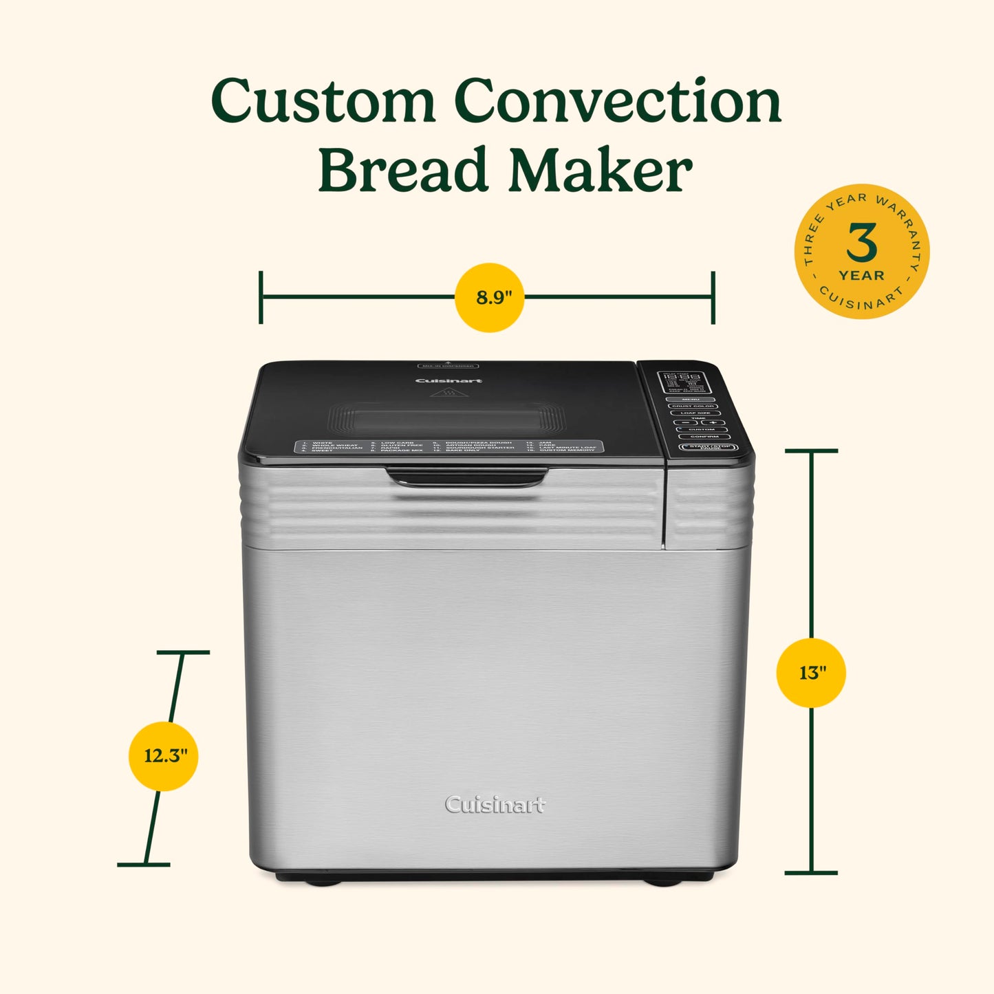Cuisinart Bread Maker Machine, Stainless Steel Automatic Bread Machine with 12 Menu Options, 3 Loaf Sizes up to 2 Lb., 3 Crust Colors, Removable Nonstick Baking Pan & Kneading Paddle, CBK-110NAS