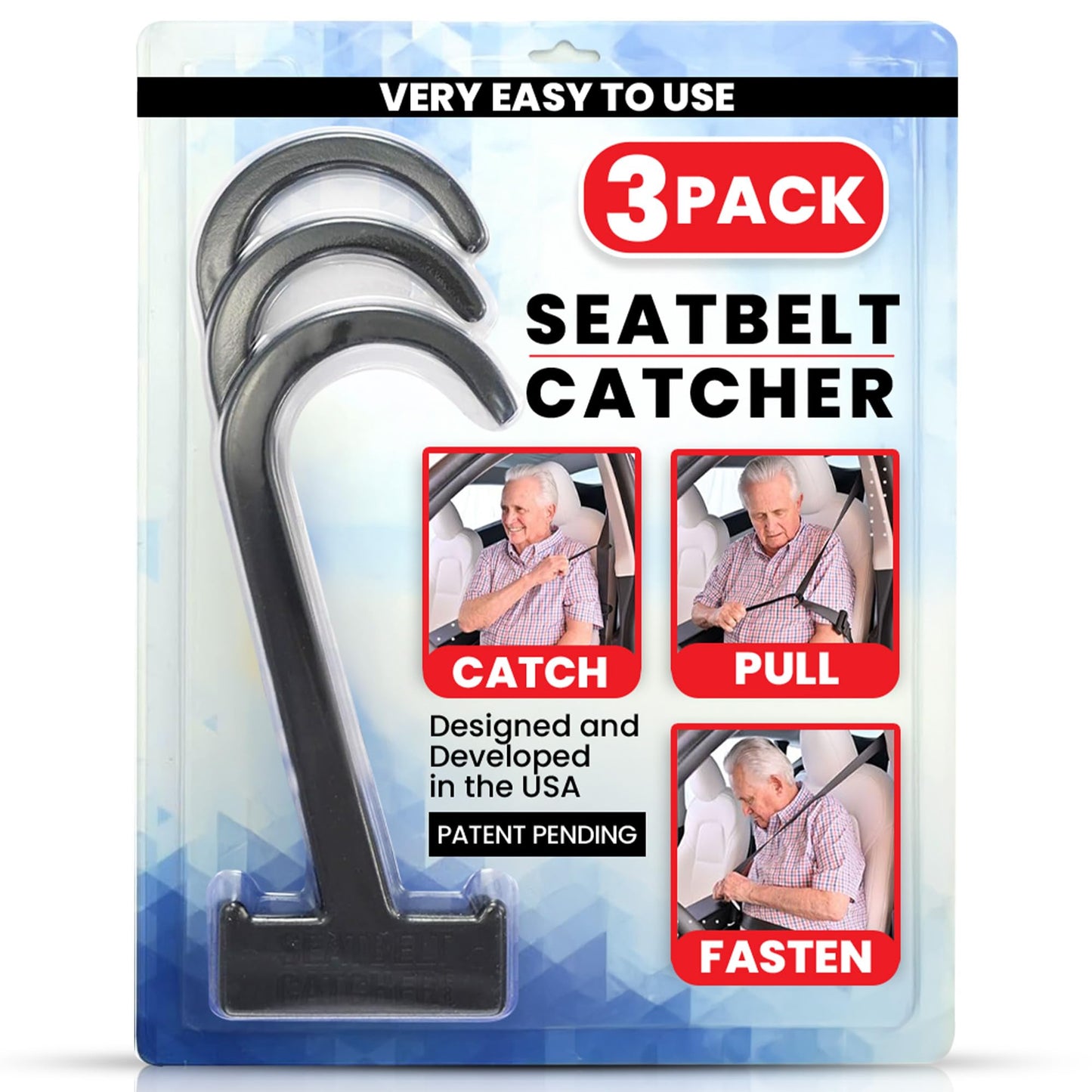 Seatbelt Catcher Seat Belt Aid Grabber - for Elderly & Disabled, Seatbelt Reacher Tool for Seniors with Back, Shoulder, or Elbow Injury, Easy Reach Mobility & Daily Living Aid, 2 Pack, Black
