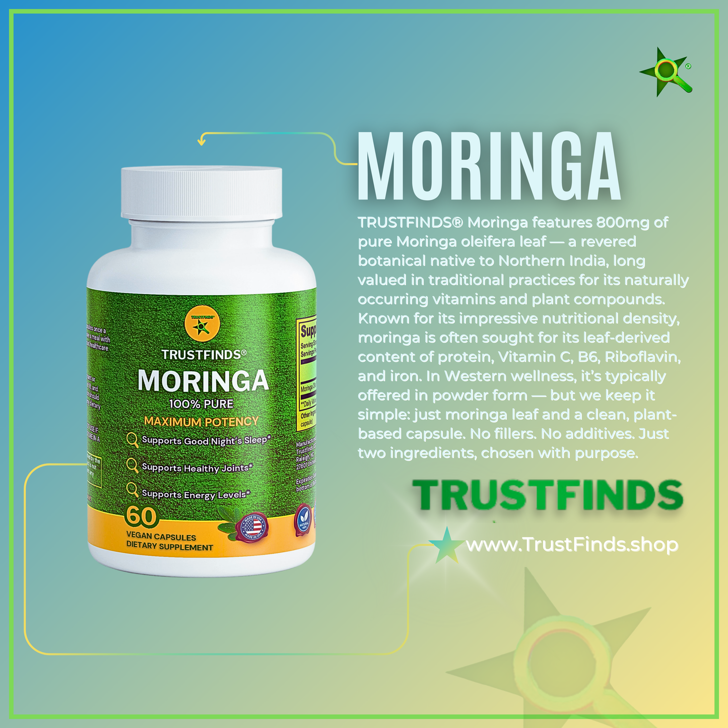TrustFinds® Pure Moringa Powder, Energy, Skin, Immune & Gut Health Superfood, Rich in Antioxidants, Essential Vitamins & Amino Acids, Natural Green Superfood Supplement - 60 Count
