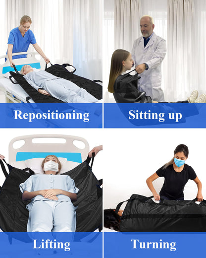 SPRING SEAON Patient Positioning Bed Pad with Handles – Transfer & Slide Sheet for Elderly Care, Waterproof Washable Draw Sheet for Hospital or Home Use, 46.5" x 38.5", 400 LBS Support,Black