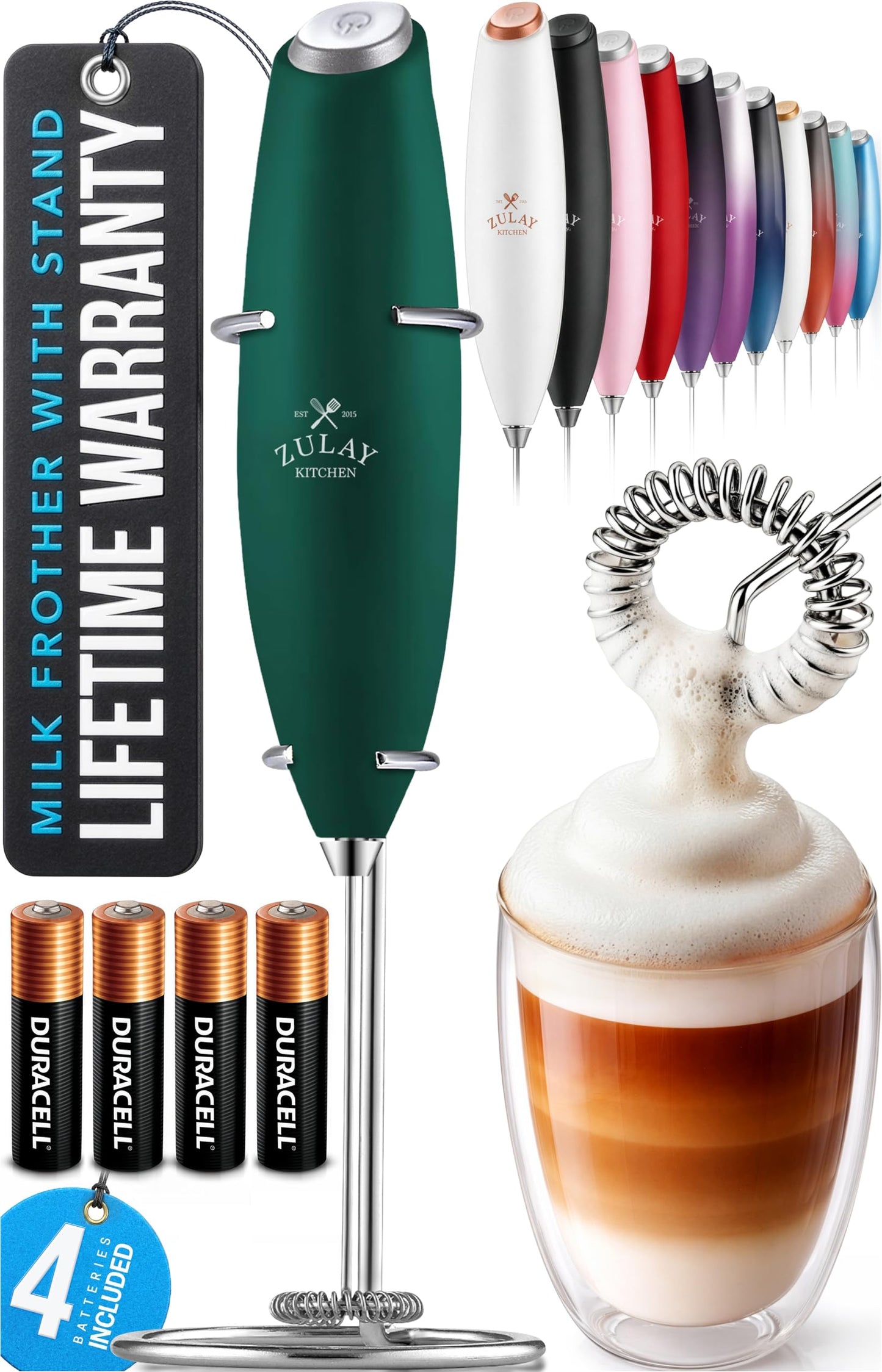 Zulay Kitchen Powerful Milk Frother Wand With 2 Duracell Batteries - Ultra Fast Handheld Drink Mixer - Electric Whisk Foam Maker for Coffee, Lattes, Cappuccino, Matcha, Hot Chocolate & Creamer - Black