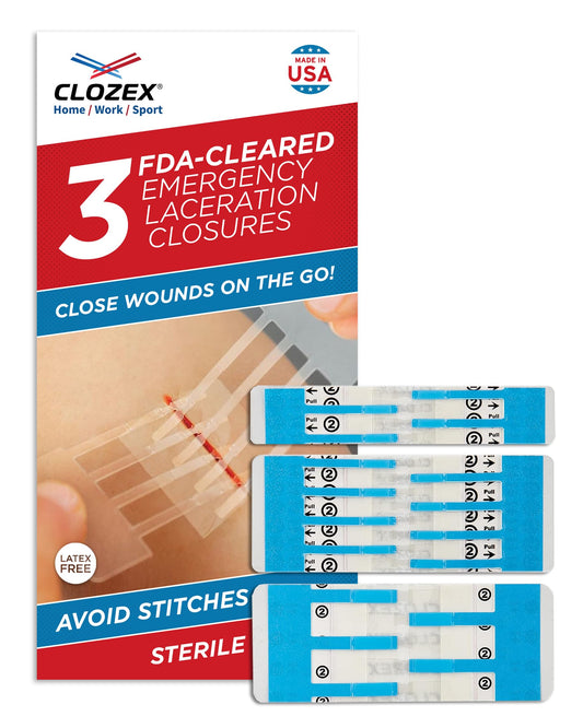 Clozex Emergency Laceration Closure Only- Close Wounds Without Stitches with This Surgical-Grade Skin Device. Available in 3 Variations for Wounds up to 1.0” or 3.5”. Life Happens, Be Ready!