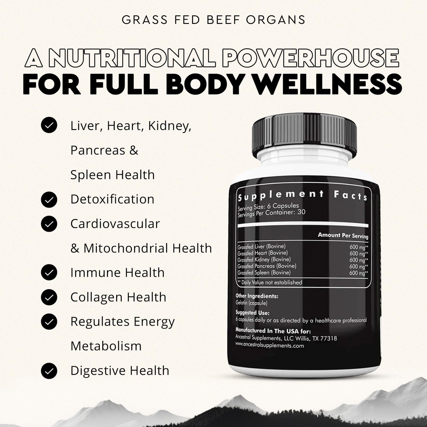Ancestral Supplements Grass Fed Beef Liver 180 Capsules, Supports Energy Production, Detoxification, Digestion, Immunity and Full Body Wellness, Non-GMO, Freeze Dried Liver Health Supplement