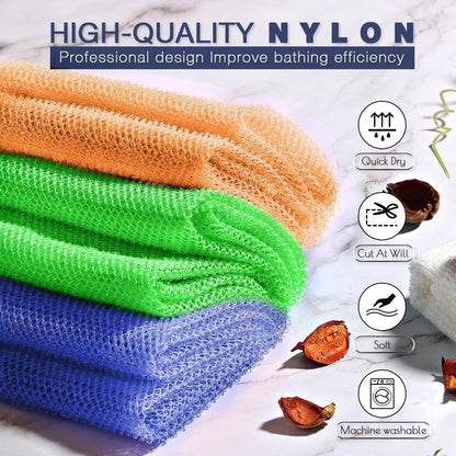 UJFQBH 3 Pieces African Bath Sponge African Net Long Net Bath Sponge Exfoliating Shower Body Scrubber Back Scrubber Skin Smoother,Great for Daily Use (Pink,Yellow,Purple)