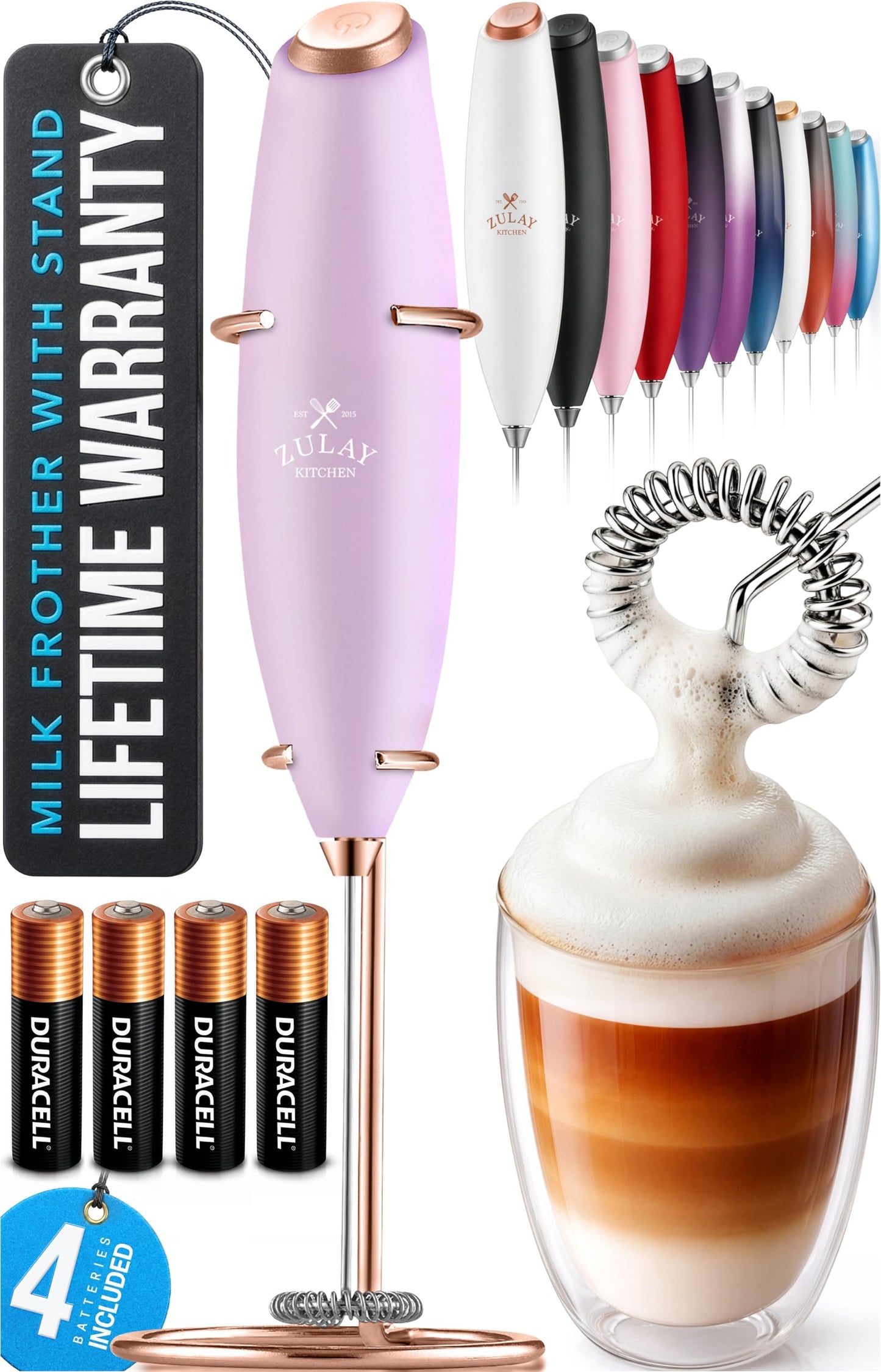 Zulay Kitchen Powerful Milk Frother Wand With 2 Duracell Batteries - Ultra Fast Handheld Drink Mixer - Electric Whisk Foam Maker for Coffee, Lattes, Cappuccino, Matcha, Hot Chocolate & Creamer - Black