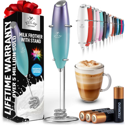 Zulay Kitchen Powerful Milk Frother Wand With 2 Duracell Batteries - Ultra Fast Handheld Drink Mixer - Electric Whisk Foam Maker for Coffee, Lattes, Cappuccino, Matcha, Hot Chocolate & Creamer - Black