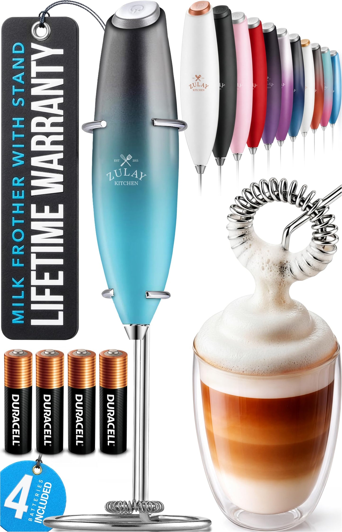 Zulay Kitchen Powerful Milk Frother Wand With 2 Duracell Batteries - Ultra Fast Handheld Drink Mixer - Electric Whisk Foam Maker for Coffee, Lattes, Cappuccino, Matcha, Hot Chocolate & Creamer - Black