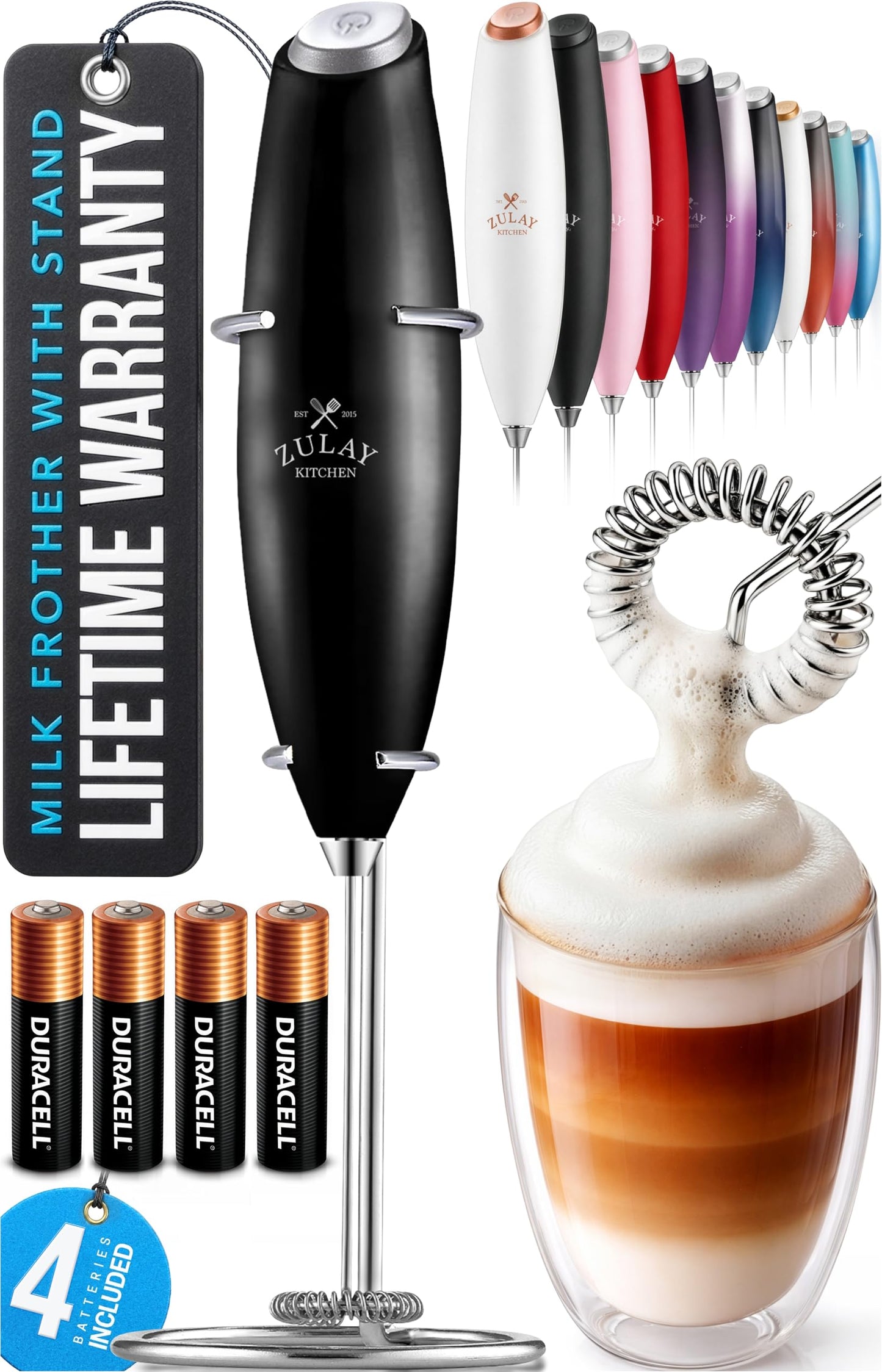 Zulay Kitchen Powerful Milk Frother Wand With 2 Duracell Batteries - Ultra Fast Handheld Drink Mixer - Electric Whisk Foam Maker for Coffee, Lattes, Cappuccino, Matcha, Hot Chocolate & Creamer - Black