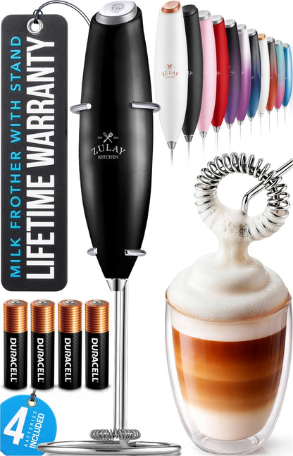 Zulay Kitchen Powerful Milk Frother Wand With 2 Duracell Batteries - Ultra Fast Handheld Drink Mixer - Electric Whisk Foam Maker for Coffee, Lattes, Cappuccino, Matcha, Hot Chocolate & Creamer - Black