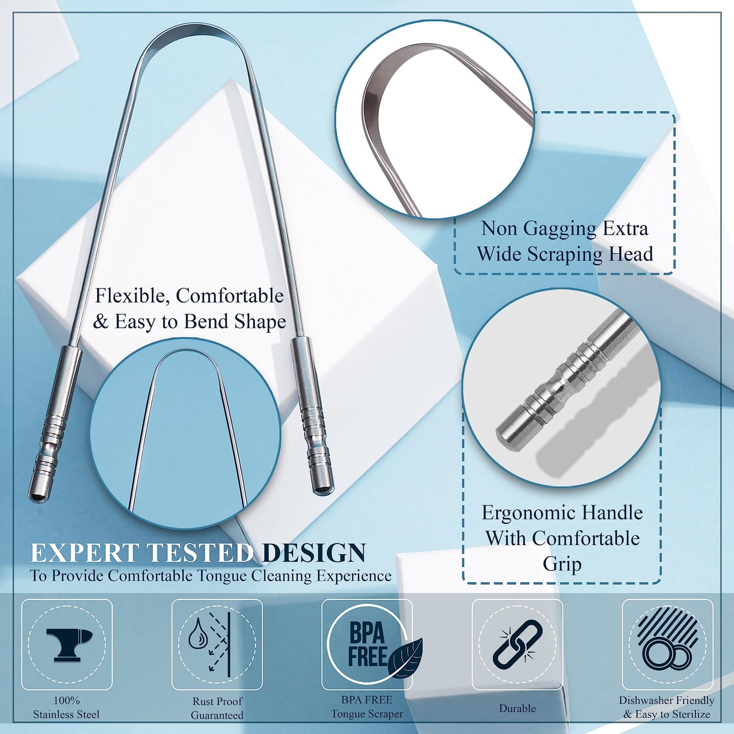 MasterMedi Tongue Scraper for Adults with Multicolor Travel Cases (2 Pack), 100% Stainless Steel, Reduce Bad Breath, Tongue Scrubber, Easy to Use, Tongue Cleaner for Oral Care & Hygiene
