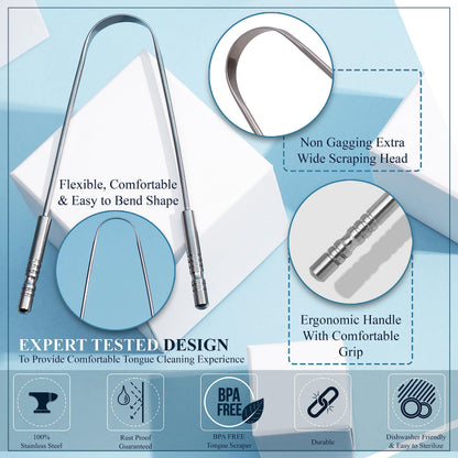 MasterMedi Tongue Scraper for Adults with Multicolor Travel Cases (2 Pack), 100% Stainless Steel, Reduce Bad Breath, Tongue Scrubber, Easy to Use, Tongue Cleaner for Oral Care & Hygiene