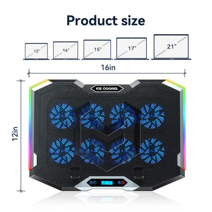 ICE COOREL Gaming Laptop Cooling Pad 15-17.3 Inch, Laptop Fan with 6 RGB Cooling Fans, Laptop Cooling Stand with 6 Height Adjustable, Laptop Cooler with LCD Screen, 2 USB Ports, Phone Stand
