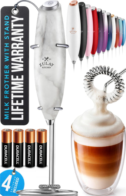 Zulay Kitchen Powerful Milk Frother Wand With 2 Duracell Batteries - Ultra Fast Handheld Drink Mixer - Electric Whisk Foam Maker for Coffee, Lattes, Cappuccino, Matcha, Hot Chocolate & Creamer - Black