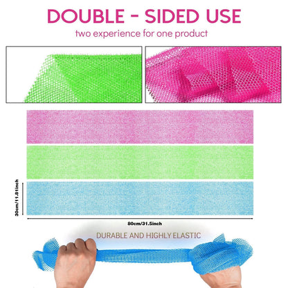 UJFQBH 3 Pieces African Bath Sponge African Net Long Net Bath Sponge Exfoliating Shower Body Scrubber Back Scrubber Skin Smoother,Great for Daily Use (Pink,Yellow,Purple)