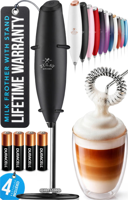 Zulay Kitchen Powerful Milk Frother Wand With 2 Duracell Batteries - Ultra Fast Handheld Drink Mixer - Electric Whisk Foam Maker for Coffee, Lattes, Cappuccino, Matcha, Hot Chocolate & Creamer - Black