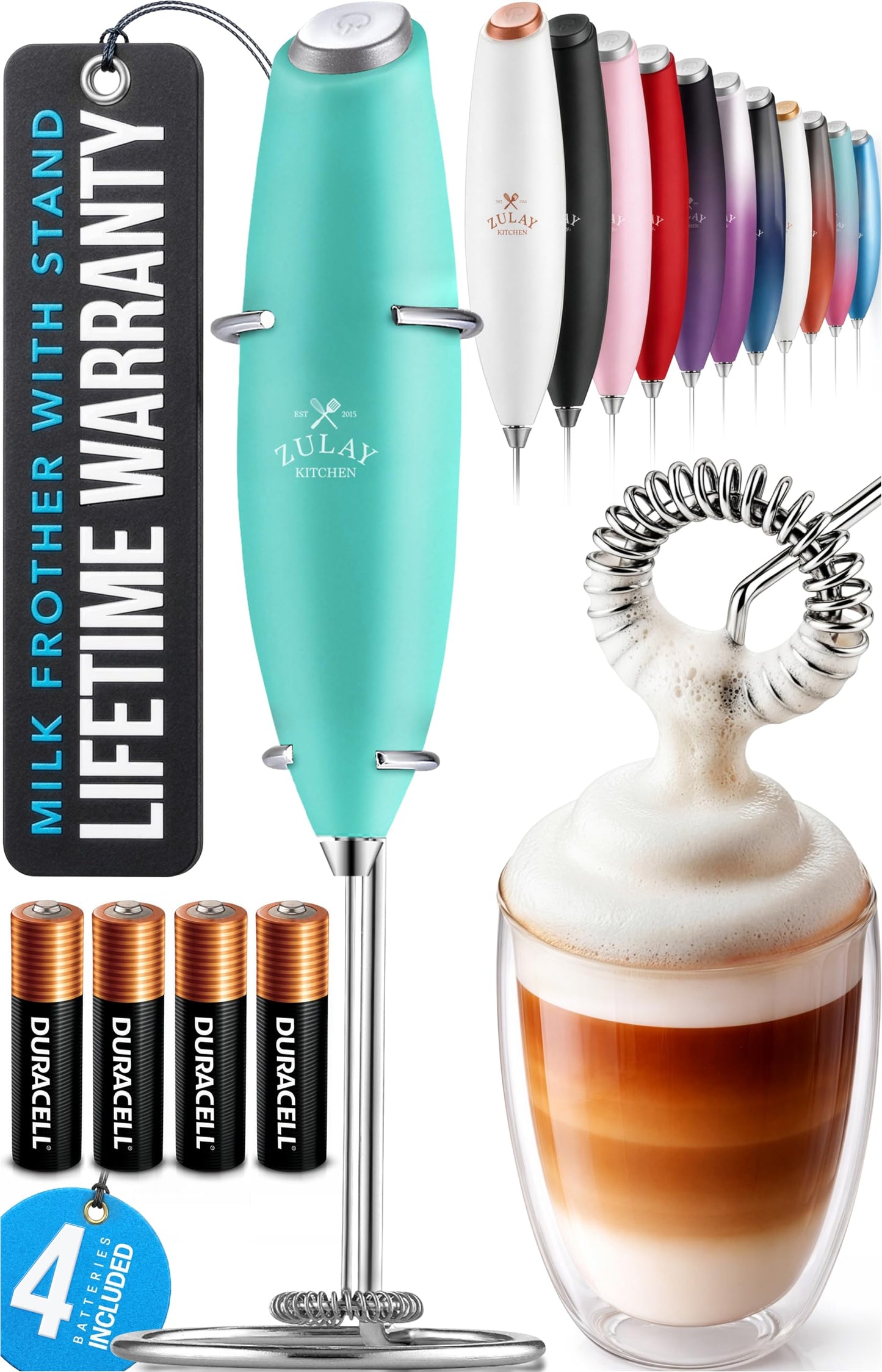 Zulay Kitchen Powerful Milk Frother Wand With 2 Duracell Batteries - Ultra Fast Handheld Drink Mixer - Electric Whisk Foam Maker for Coffee, Lattes, Cappuccino, Matcha, Hot Chocolate & Creamer - Black