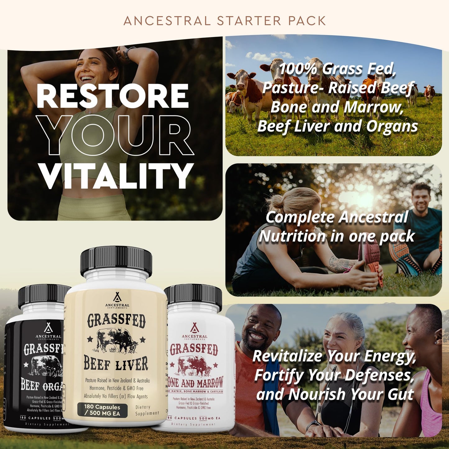 Ancestral Supplements Grass Fed Beef Liver 180 Capsules, Supports Energy Production, Detoxification, Digestion, Immunity and Full Body Wellness, Non-GMO, Freeze Dried Liver Health Supplement