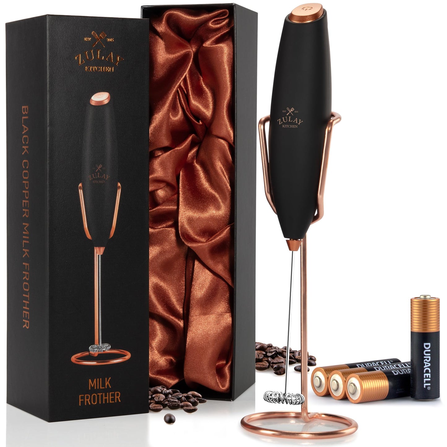 Zulay Kitchen Powerful Milk Frother Wand With 2 Duracell Batteries - Ultra Fast Handheld Drink Mixer - Electric Whisk Foam Maker for Coffee, Lattes, Cappuccino, Matcha, Hot Chocolate & Creamer - Black