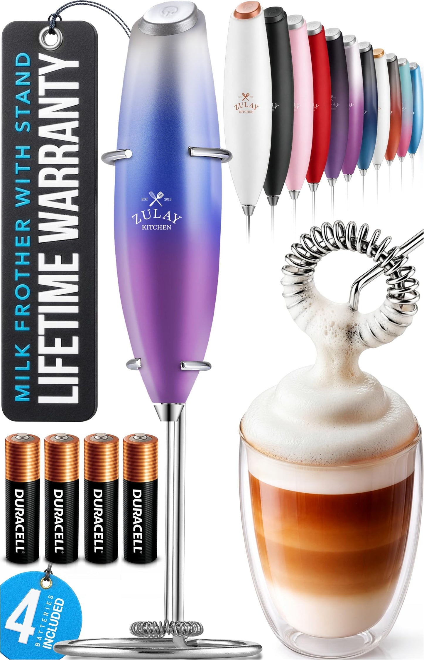Zulay Kitchen Powerful Milk Frother Wand With 2 Duracell Batteries - Ultra Fast Handheld Drink Mixer - Electric Whisk Foam Maker for Coffee, Lattes, Cappuccino, Matcha, Hot Chocolate & Creamer - Black