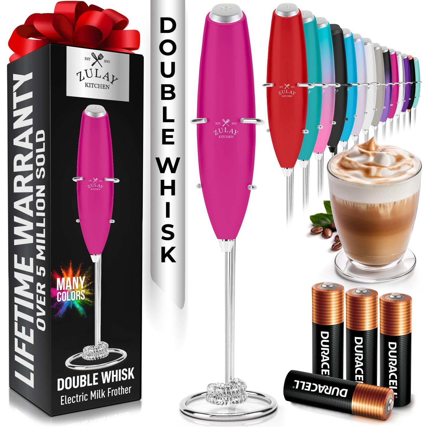 Zulay Kitchen Powerful Milk Frother Wand With 2 Duracell Batteries - Ultra Fast Handheld Drink Mixer - Electric Whisk Foam Maker for Coffee, Lattes, Cappuccino, Matcha, Hot Chocolate & Creamer - Black