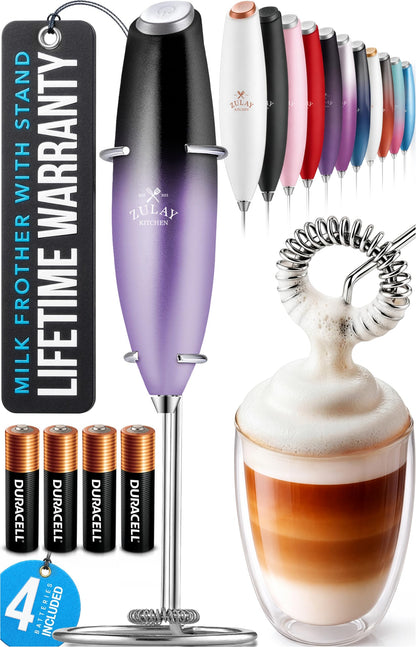 Zulay Kitchen Powerful Milk Frother Wand With 2 Duracell Batteries - Ultra Fast Handheld Drink Mixer - Electric Whisk Foam Maker for Coffee, Lattes, Cappuccino, Matcha, Hot Chocolate & Creamer - Black