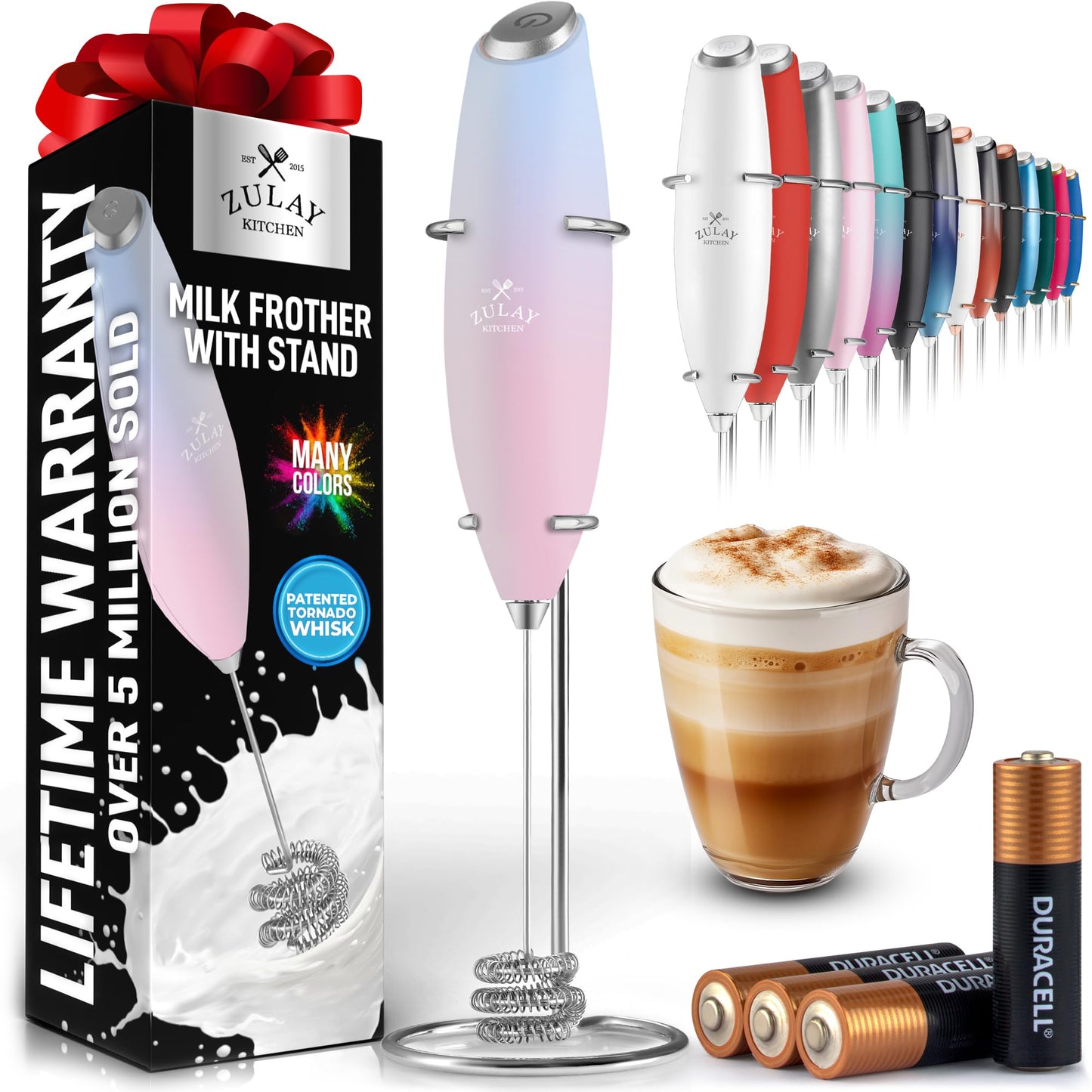 Zulay Kitchen Powerful Milk Frother Wand With 2 Duracell Batteries - Ultra Fast Handheld Drink Mixer - Electric Whisk Foam Maker for Coffee, Lattes, Cappuccino, Matcha, Hot Chocolate & Creamer - Black