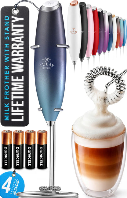 Zulay Kitchen Powerful Milk Frother Wand With 2 Duracell Batteries - Ultra Fast Handheld Drink Mixer - Electric Whisk Foam Maker for Coffee, Lattes, Cappuccino, Matcha, Hot Chocolate & Creamer - Black