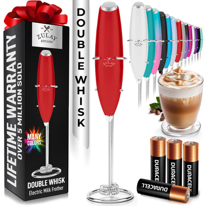 Zulay Kitchen Powerful Milk Frother Wand With 2 Duracell Batteries - Ultra Fast Handheld Drink Mixer - Electric Whisk Foam Maker for Coffee, Lattes, Cappuccino, Matcha, Hot Chocolate & Creamer - Black