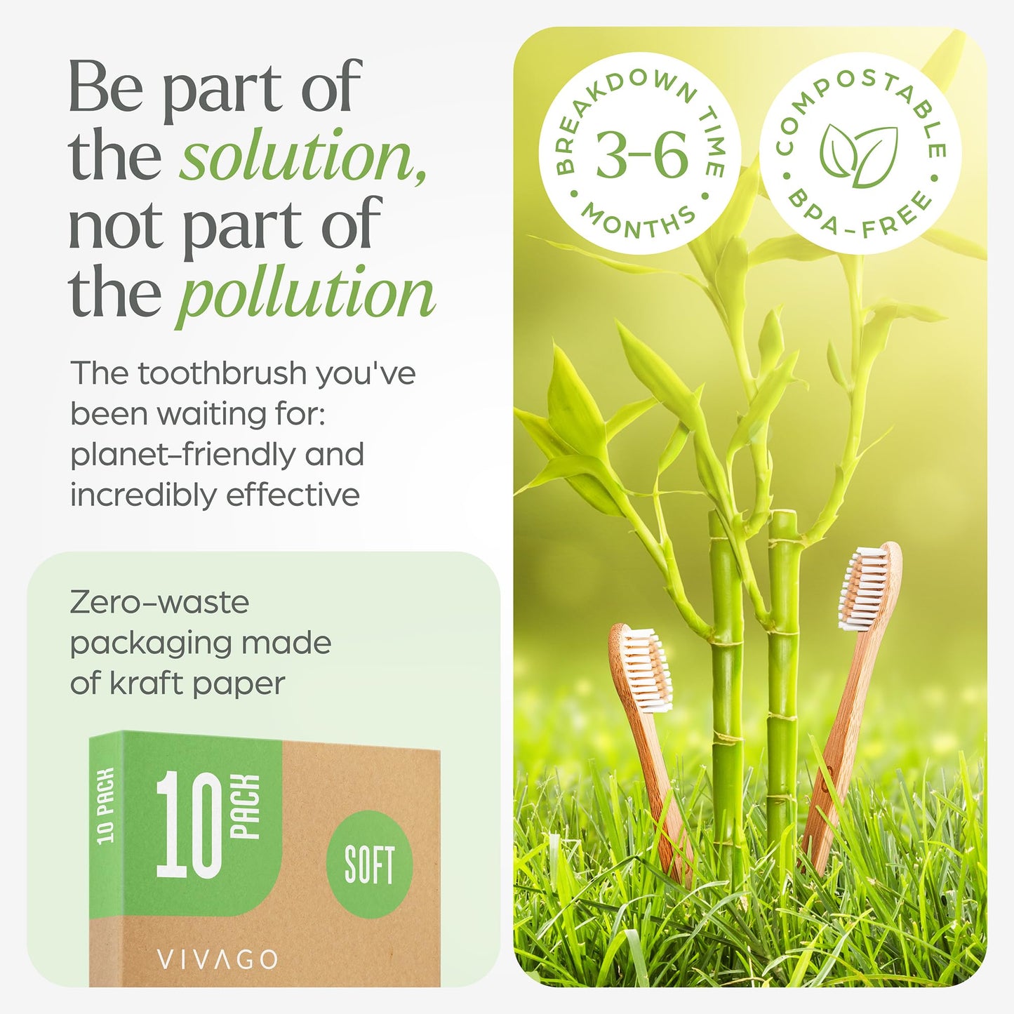 Biodegradable Bamboo Toothbrushes 10 Pack - BPA Free Soft Bristles Toothbrushes, Eco-Friendly, Compostable Natural Wooden Toothbrush