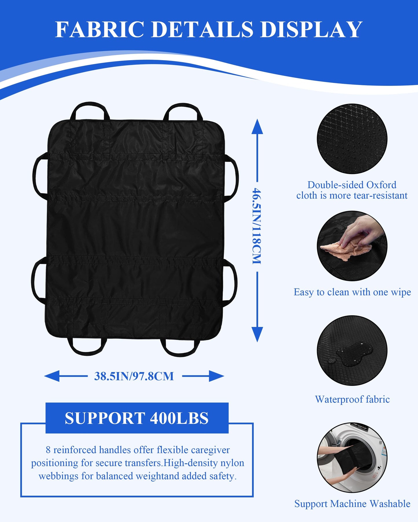 SPRING SEAON Patient Positioning Bed Pad with Handles – Transfer & Slide Sheet for Elderly Care, Waterproof Washable Draw Sheet for Hospital or Home Use, 46.5" x 38.5", 400 LBS Support,Black