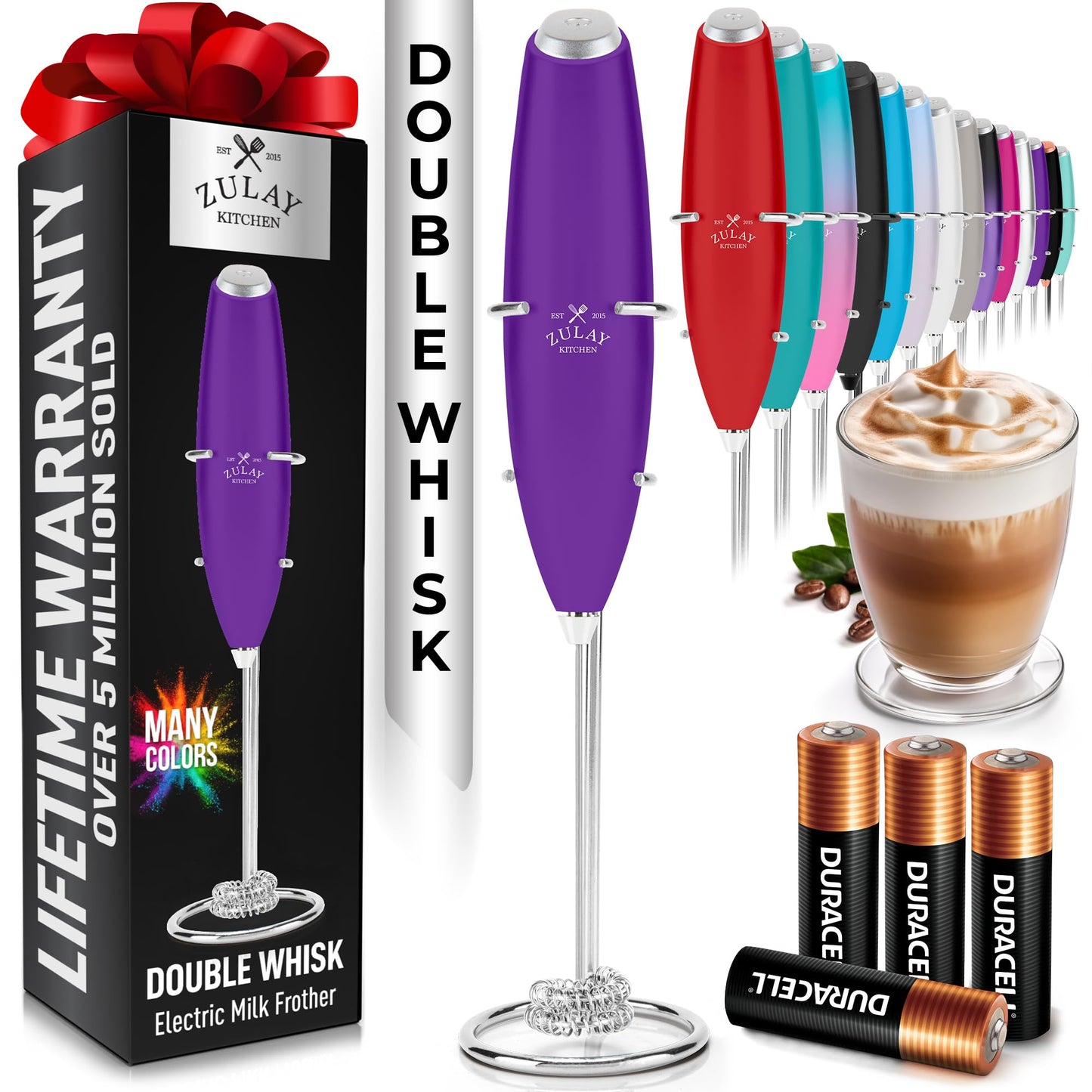 Zulay Kitchen Powerful Milk Frother Wand With 2 Duracell Batteries - Ultra Fast Handheld Drink Mixer - Electric Whisk Foam Maker for Coffee, Lattes, Cappuccino, Matcha, Hot Chocolate & Creamer - Black