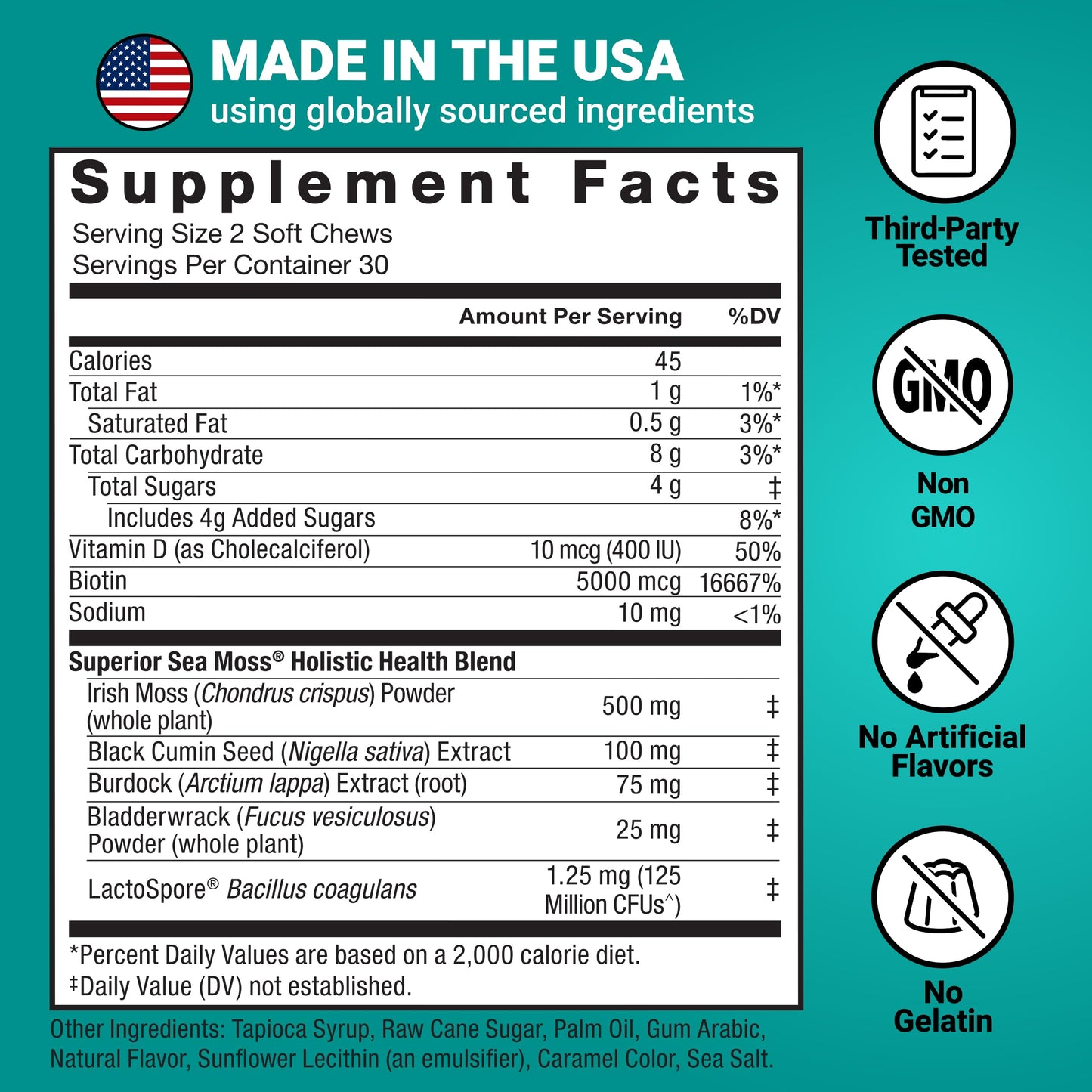 Force Factor Superior Sea Moss Gut Health + Skin Support, Support Gut Health & Healthy Skin, Hair & Nails, Boost Energy & Immune Health, with Biotin & LactoSpore Probiotics, S’Mores, 60 Soft Chews