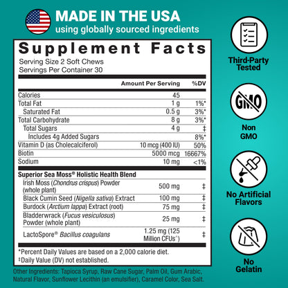 Force Factor Superior Sea Moss Gut Health + Skin Support, Support Gut Health & Healthy Skin, Hair & Nails, Boost Energy & Immune Health, with Biotin & LactoSpore Probiotics, S’Mores, 60 Soft Chews