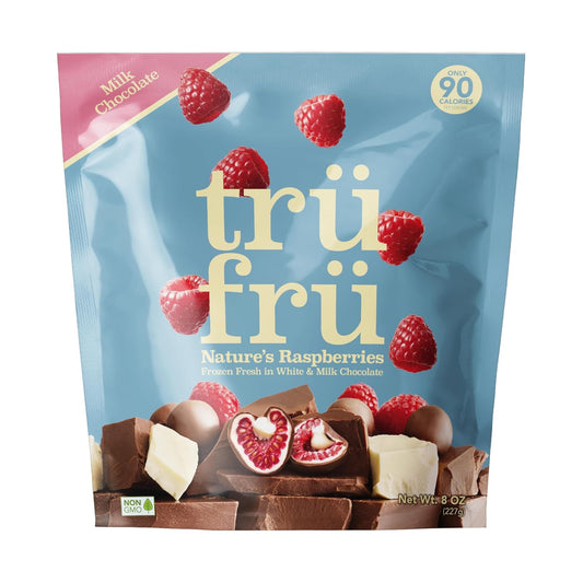 Tru Fru Nature's Raspberries Hyper-Chilled in White & Milk Chocolate, 8 Ounce Bag