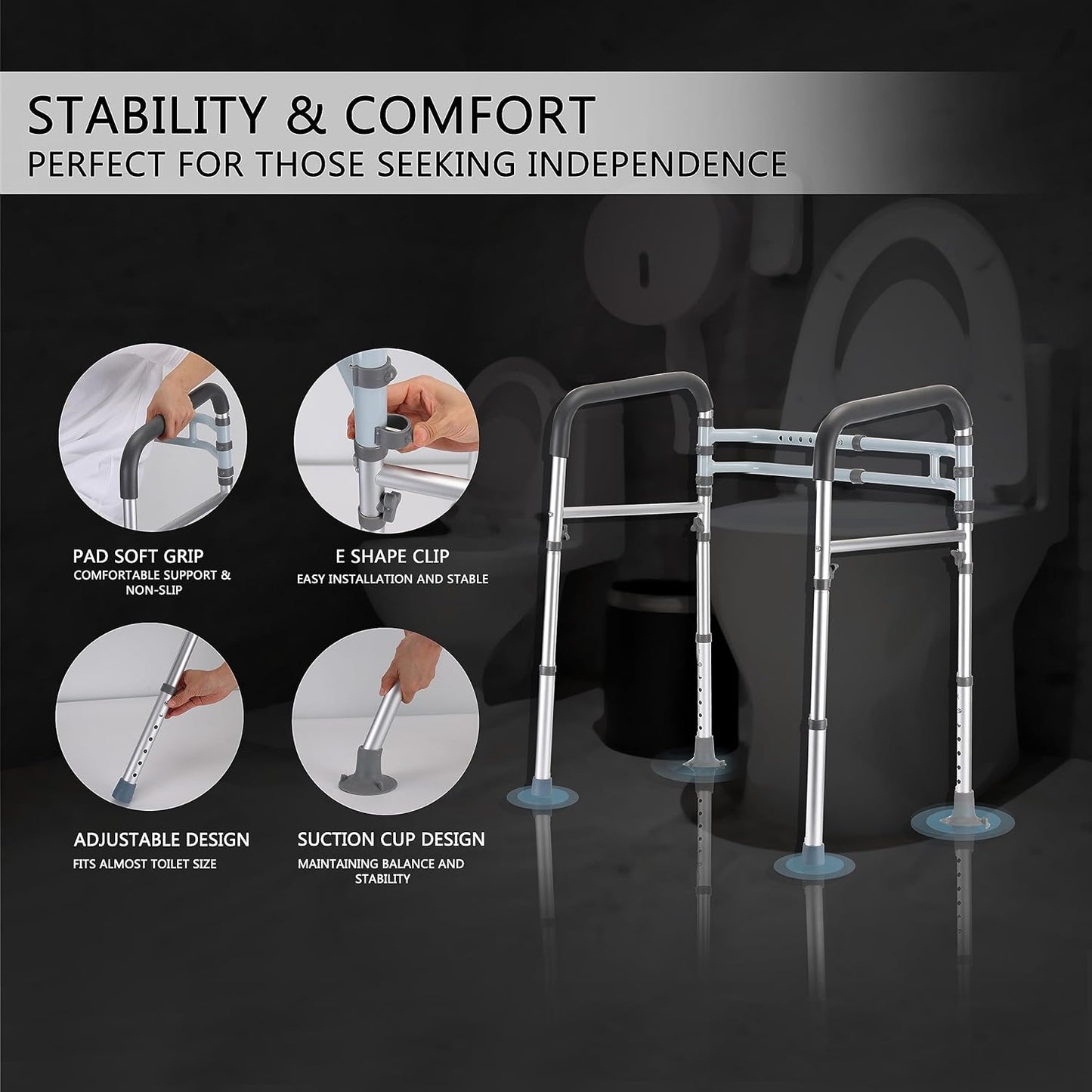 Toilet Safety Rails, Adjustable Toilet Frame for Elderly, Seniors, Handicap & Disabled, Foldable Handicap Toilet Handles Fit Any Toilets (300 LB)