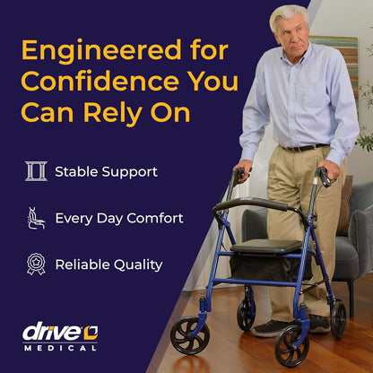 Drive Medical 10257BL-1 4 Wheel Rollator Walker With Seat, Steel Rolling Walker, Height Adjustable, 7.5" Wheels, Removable Back Support, 300 Pound Weight Capacity, Blue