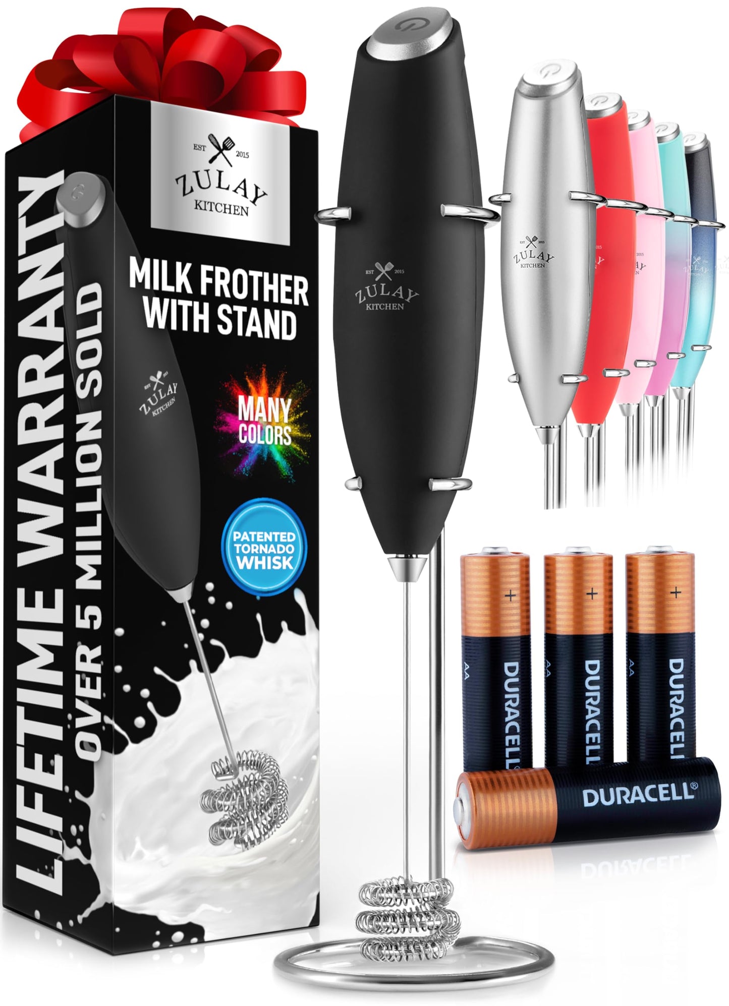 Zulay Kitchen Powerful Milk Frother Wand With 2 Duracell Batteries - Ultra Fast Handheld Drink Mixer - Electric Whisk Foam Maker for Coffee, Lattes, Cappuccino, Matcha, Hot Chocolate & Creamer - Black