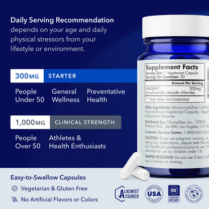 TRU NIAGEN Patented NAD+ Supplement for Anti Aging and Cell Regeneration, 300 mg Niagen, 30 Servings | Supports Cellular Energy, Brain, Muscle | Nicotinamide Riboside (NR) Take 1 Daily | 1 Bottle