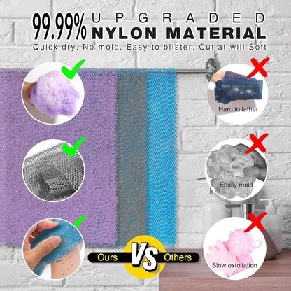 UJFQBH 3 Pieces African Bath Sponge African Net Long Net Bath Sponge Exfoliating Shower Body Scrubber Back Scrubber Skin Smoother,Great for Daily Use (Pink,Yellow,Purple)