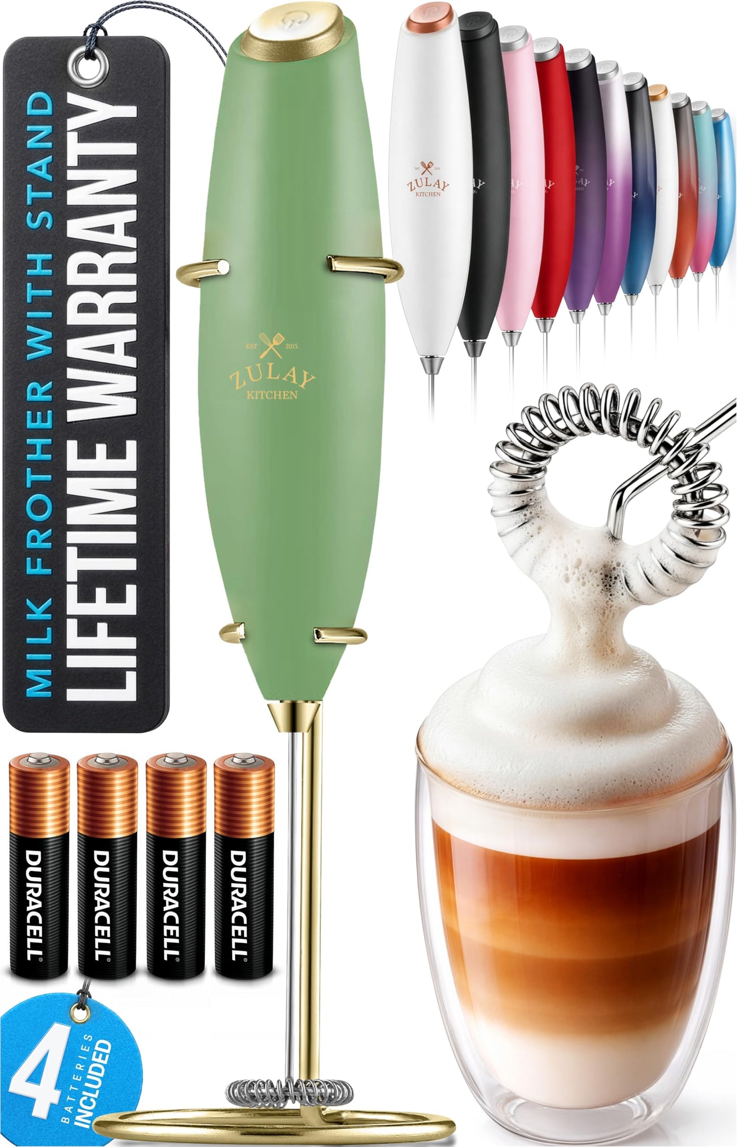 Zulay Kitchen Powerful Milk Frother Wand With 2 Duracell Batteries - Ultra Fast Handheld Drink Mixer - Electric Whisk Foam Maker for Coffee, Lattes, Cappuccino, Matcha, Hot Chocolate & Creamer - Black