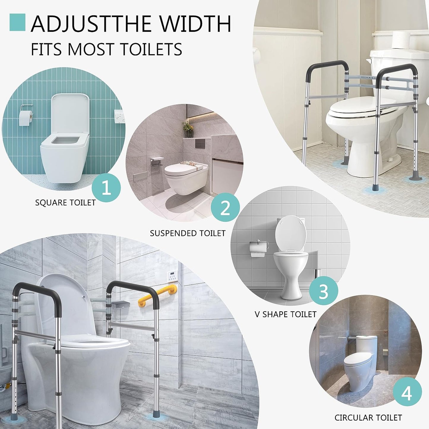 Toilet Safety Rails, Adjustable Toilet Frame for Elderly, Seniors, Handicap & Disabled, Foldable Handicap Toilet Handles Fit Any Toilets (300 LB)